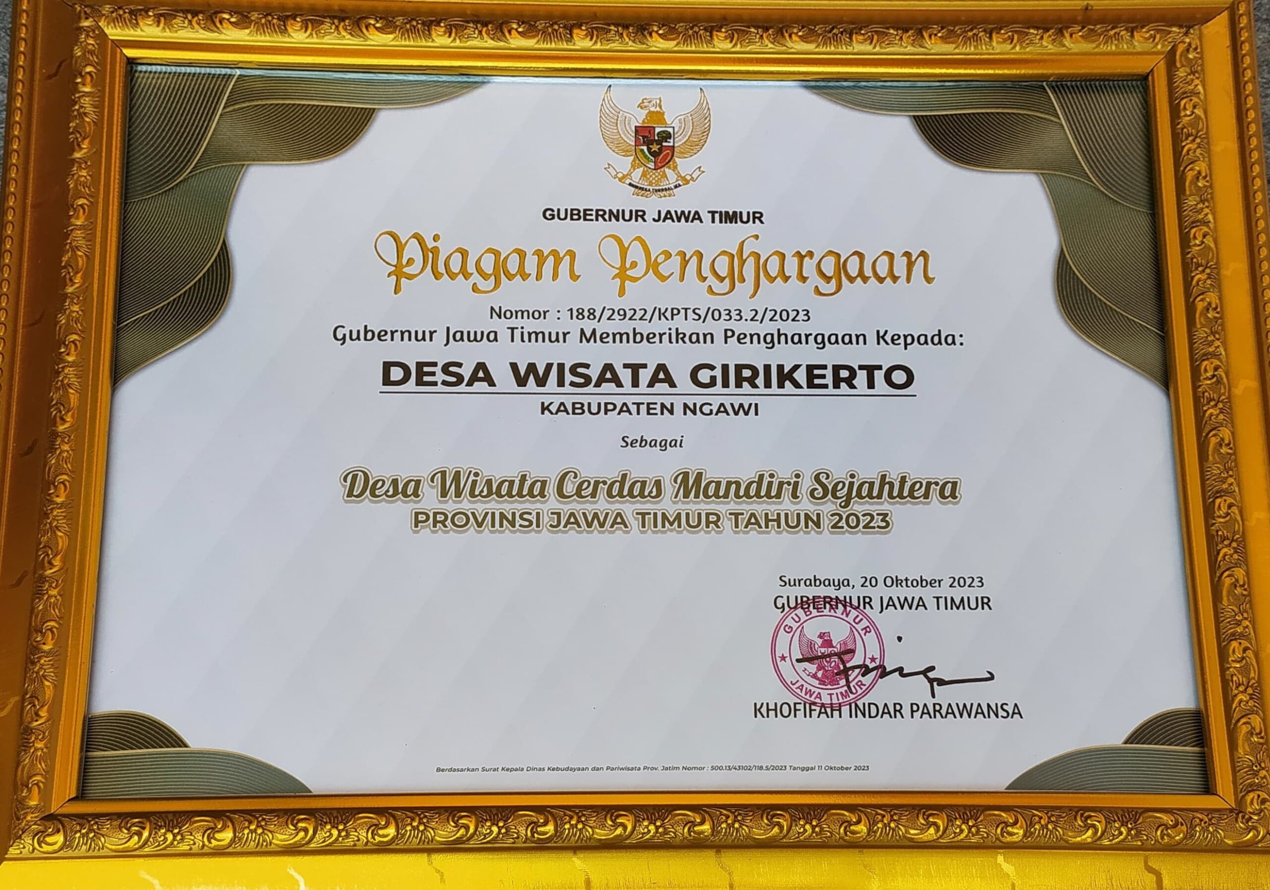 Pemerintah Kabupaten Ngawi Melalui Desa Girikerto Sabet Penghargaan Sebagai Dewi Cemara (Desa Wisata Rakyatnya Cerdas Mandiri Sejahtera) Sebagai Wujud Apresiasi Inovasi Dan Kreatifitas Pengelolaan Desa Wisata Di Provinsi Jawa Timur.