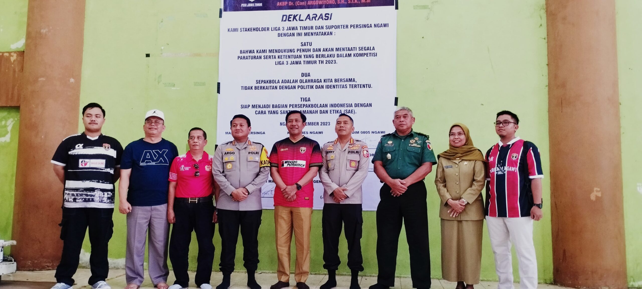 DEKLARASI DAMAI JAMBORE SUPORTER & NOBAR LIGA 3 PSSI JAWA TIMUR TAHUN 2023 YANG DI LAKSANAKAN DI GOR BUNG HATTA KABUPATEN NGAWI.